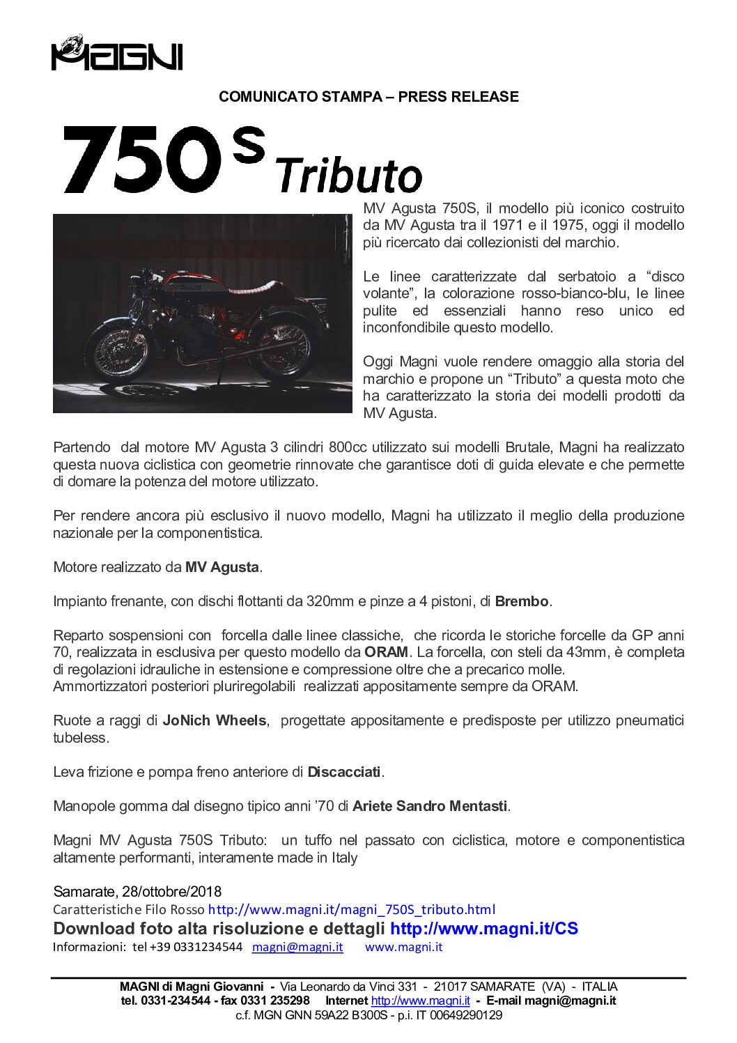 Magni MV Agusta 750S Tributo, omaggio racing anni ’70