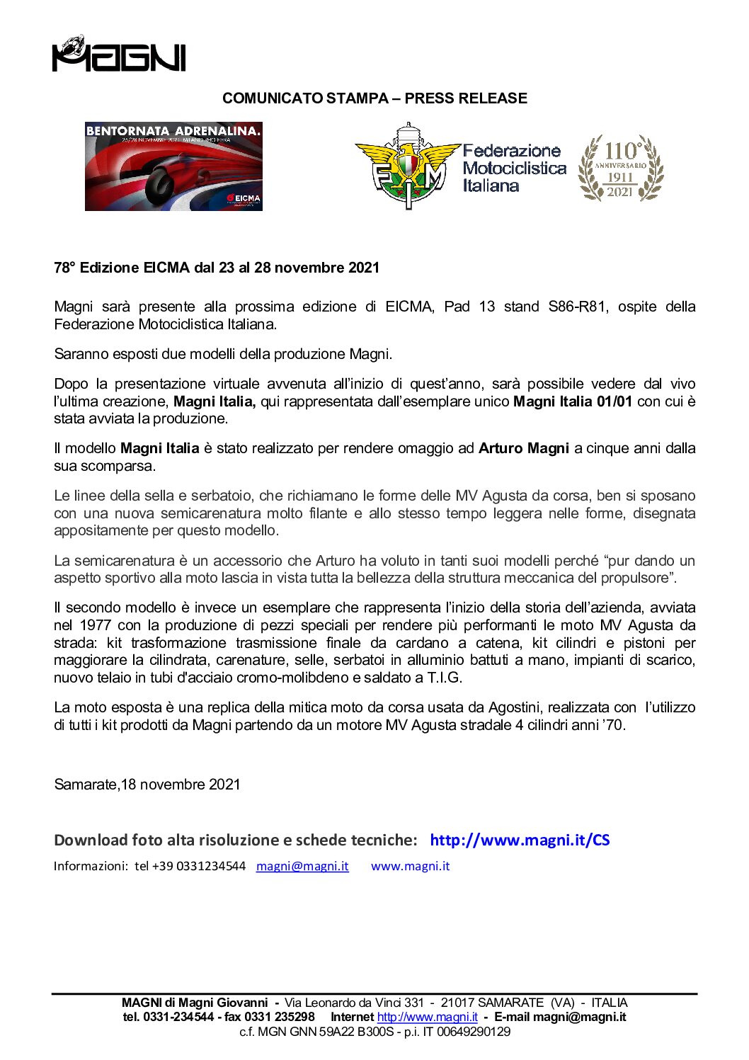 Magni Italia e replica Agostini protagoniste a EICMA 2021
