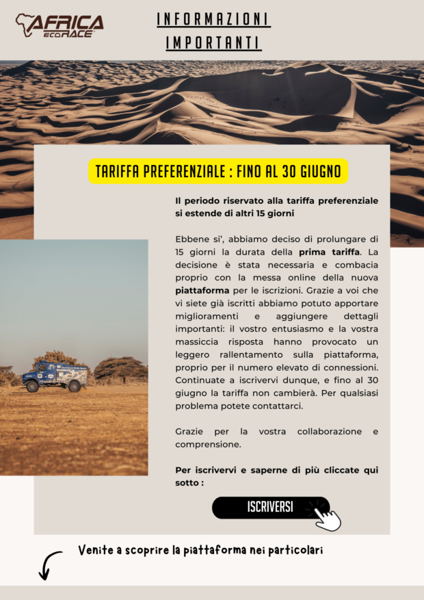 Africa Eco Race, rinviata la prima tariffa al 30 giugno
