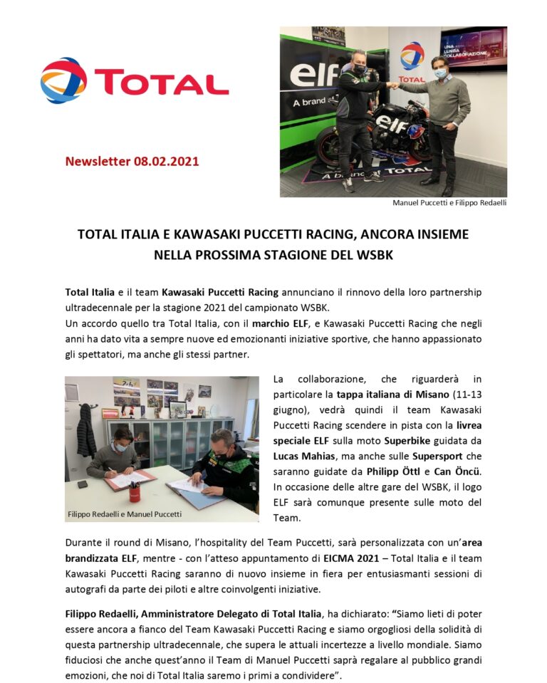 Total Italia e Kawasaki Puccetti Racing rinnovano l’intesa nel WSBK 2021