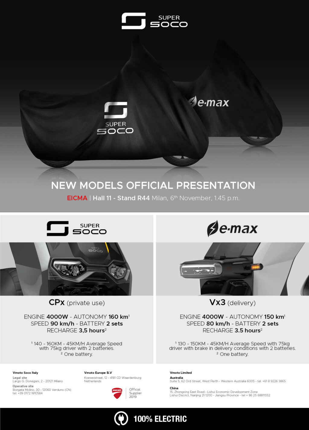 Super Soco a EICMA, gamma elettrica completa dal commuting al lavoro