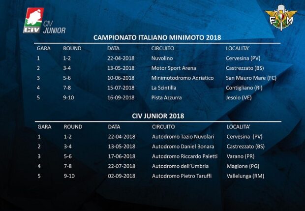 Calendari 2018 Minimoto e CIV Junior, via il 22 aprile