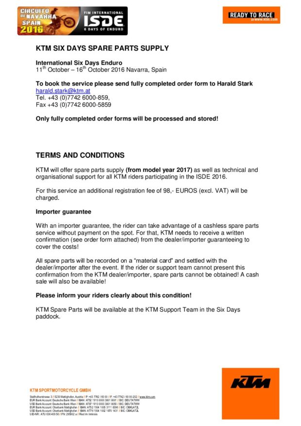 ISDE 2016: servizi KTM per la Sei Giorni