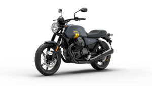 Dettaglio della livrea Moto Guzzi 105th Anniversary con grafica '105' e cuciture gialle